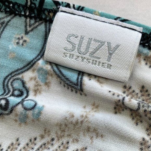 Top Slinky Draped Round Collar Cream and Aqua sz M - Picture 4 of 5